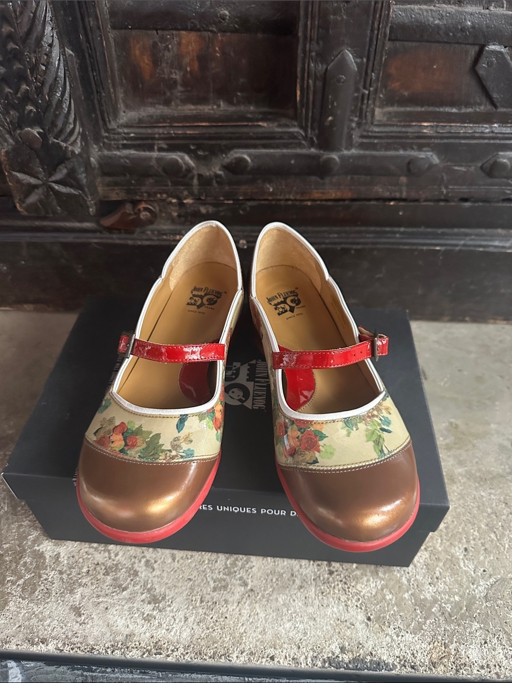 John Fluevog Floral Mary Jane Flats with Red Patent Strap